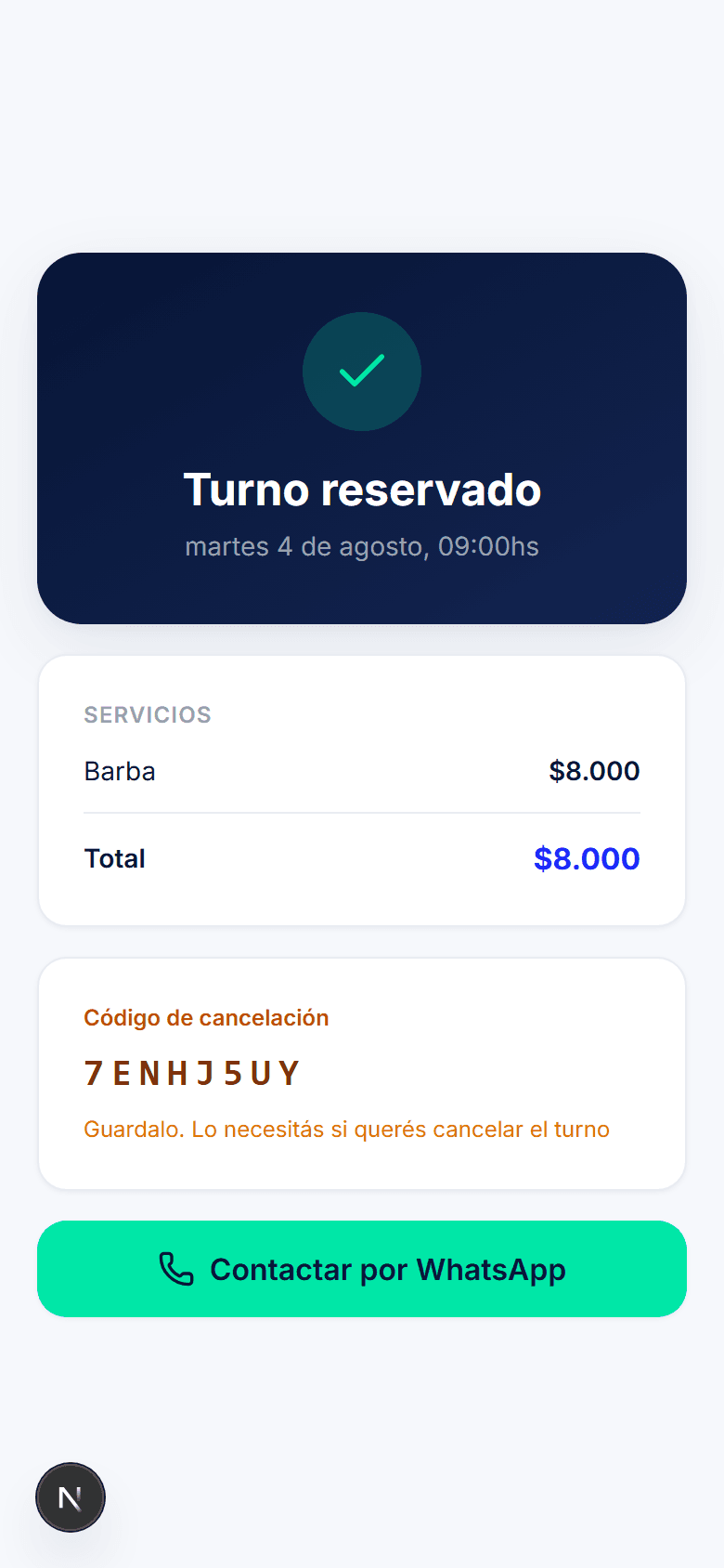 Confirmación del turno con código de cancelación
